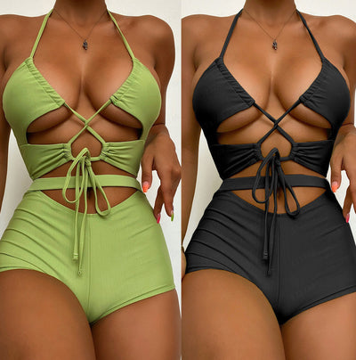 Solid neon orange string bikini with a halter top featuring a keyhole cutout and tie-side bottoms. - Image 3