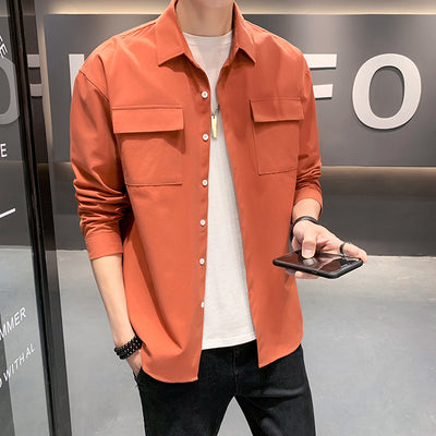 Camisa Holgada de Manga Larga con Bolsillos - Colores Sólidos para Hombre - Image 13
