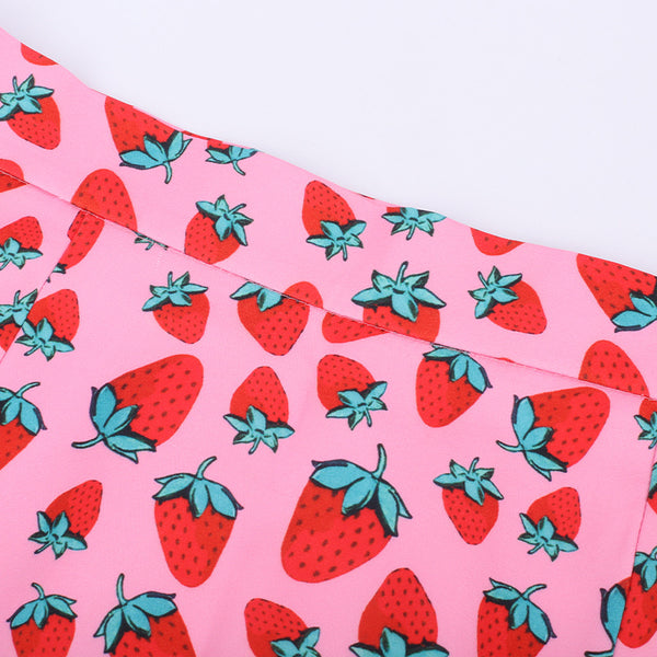 Falda Corta Cintura Alta con Estampado de Cerezas y Abertura Lateral