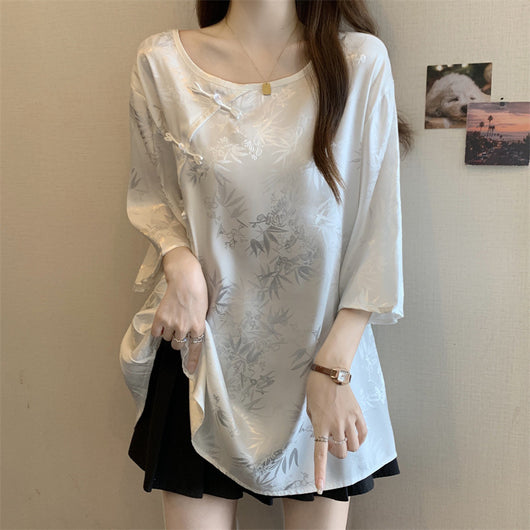 Blusa Vintage con Jacquard y Botones Estilo Chino