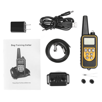 Three electric dog training collars in black, orange, and yellow with receivers, alongside a black and yellow remote control. - Image 48