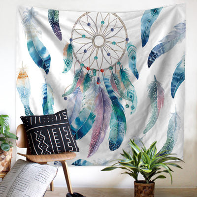 Tropical leaf and pink flamingo tapestry with "GOOD MORNING" text, hanging above a bed in a bright room. - Image 10