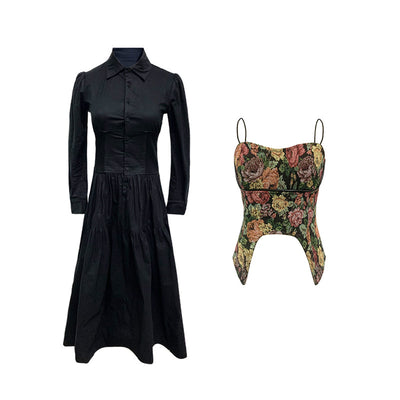 Vestido Camisero Retro Elegante Estilo Hepburn Negro - Image 6