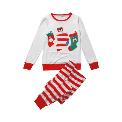 Red and white striped parent-child pajama set with a long-sleeved top featuring Christmas stockings and a bear graphic. - Image 2
