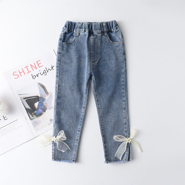 Jeans Slim Fit Niña Estilo Coreano con Moño - Moda Infantil Dulce