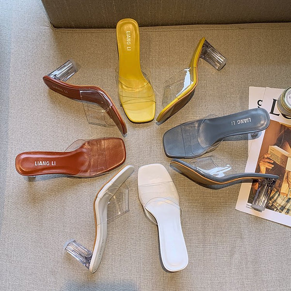 Sandalias Transparentes Punta Pez con Tacón Grueso Alto para Mujer