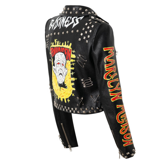 Chaqueta PU Ajustada con Estampado Graffiti y Tachuelas Metálicas para Mujer - Image 2