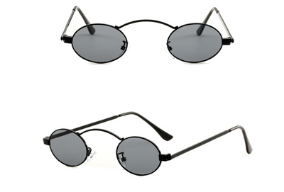 Fashionable small frame round sunglasses with black metal frames and dark grey lenses on a white background. - Image 3