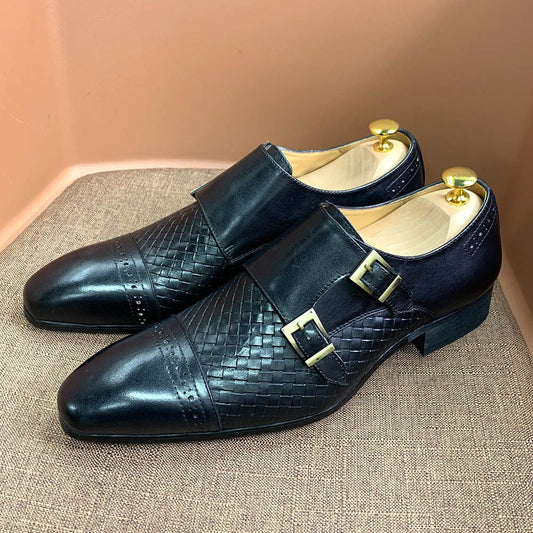 Zapatos Monk Elegantes de Cuero Azul para Hombre - Doble Hebilla Premium