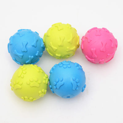 Five colorful TPR rubber pet toy balls in blue, pink, and yellow, with embossed paw print and bone patterns. - Image 7