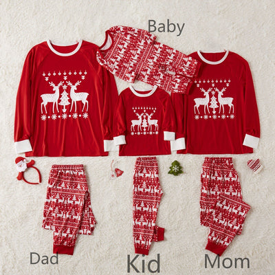Family Christmas pajama set with grey long-sleeve tops featuring "Merry Christmas" and reindeer antlers, paired with red and black buffalo plaid pants. - Image 10