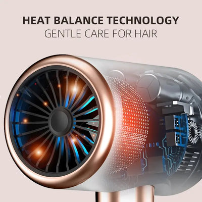 White professional hair dryer with rose gold accents, blue fan, and two control buttons, shown with a US 110V plug and a 360-degree rotating air collector nozzl - Image 6