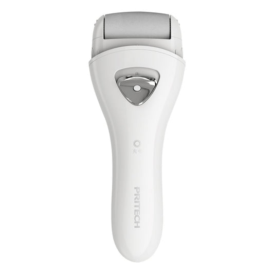 White PRITECH electric pedicure device with a grey roller and silver power button for smooth feet.