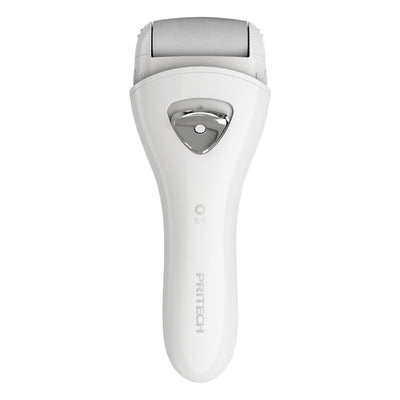 White PRITECH electric pedicure device with a grey roller and silver power button for smooth feet.