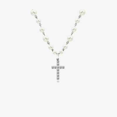 Collar Colgante de Cruz de Diamantes con Perla - Image 15