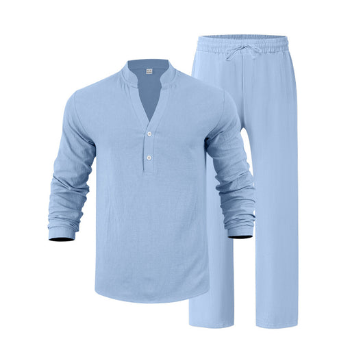 Conjunto de Pantalón y Camiseta Henley Suelta Transpirable para Hombre - Ropa de Playa Casual - Image 7