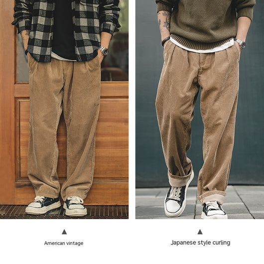 Pantalones Corduroy Khaki Retro Holgados de Cintura Media - Image 3