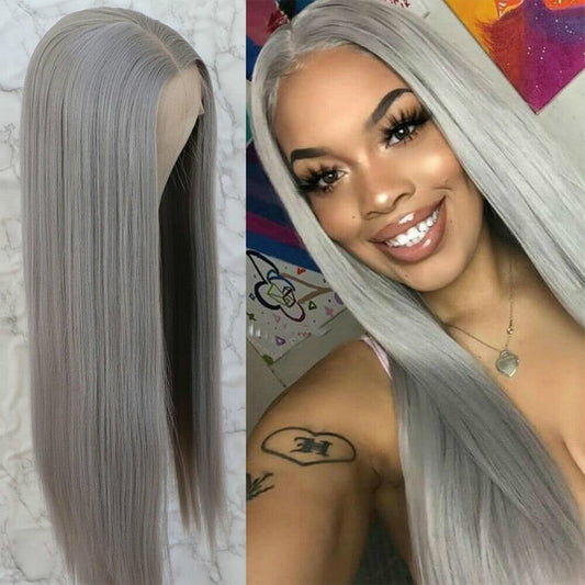 Peluca Cabello Liso Gris Claro Estilo Europeo Americano Largo Medio