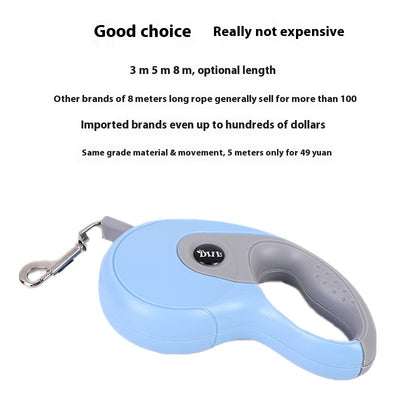 Blue and grey retractable dog leash with a black waste bag dispenser and a silver metal clip. - Image 38