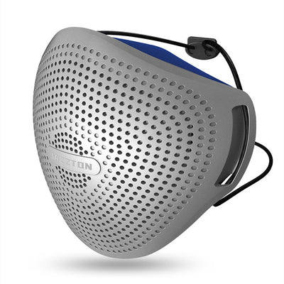 Light blue dust mask with perforated design and central breathing valve, worn by a woman. - Image 9