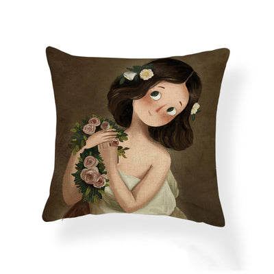 Funda de Almohada Estampada Niña Caricatura Cojín Pintura al Óleo Tela Mixta - Image 6