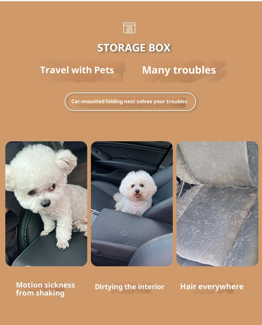 Beige pet car seat with a small white dog inside, secured to a car's passenger seat, designed for safe travel. - Image 13