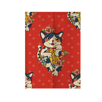 Red fabric door curtain with white polka dots and a repeating pattern of a lucky cat holding a gold coin, surrounded by flowers. - Image 17