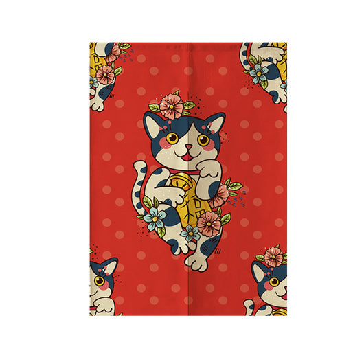 Red fabric door curtain with white polka dots and a repeating pattern of a lucky cat holding a gold coin, surrounded by flowers. - Image 17