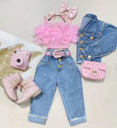 Conjunto Infantil: Top Escotado y Pantalón Denim de Color Sólido