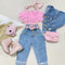 Conjunto Infantil: Top Escotado y Pantalón Denim de Color Sólido