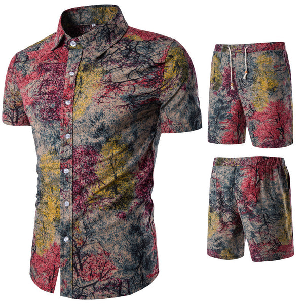 Conjunto Casual Étnico para Hombre - Camisa Floral de Manga Corta con Shorts