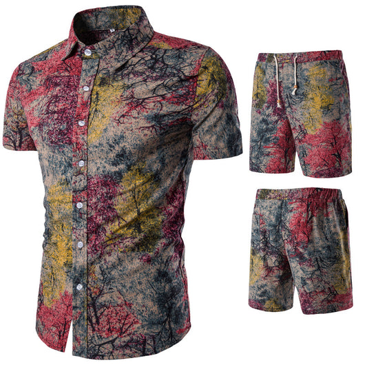 Conjunto Casual Étnico para Hombre - Camisa Floral de Manga Corta con Shorts - Image 2