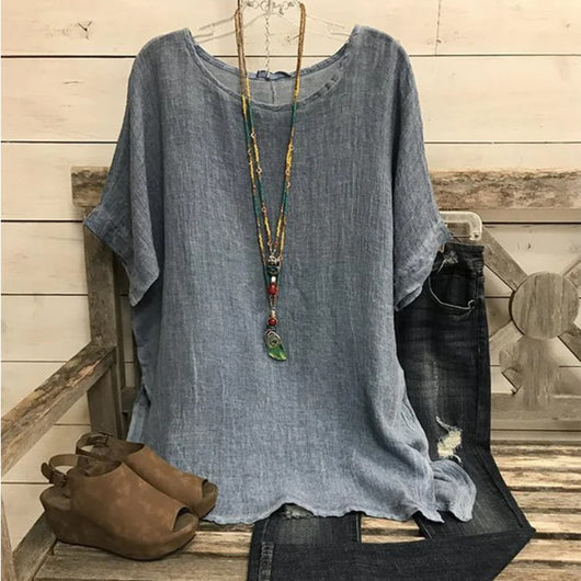 Blusa Suelta de Algodón y Lino para Mujer - Manga Corta