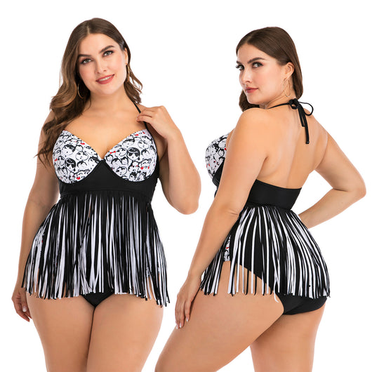 Plus size black and white two-piece swimsuit with cartoon face print, halter top, and high-waisted fringe bottoms. - Image 10
