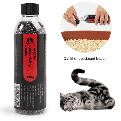 Clear plastic bottle of black cat litter deodorizing beads with a black and red label, 300g. - Image 10