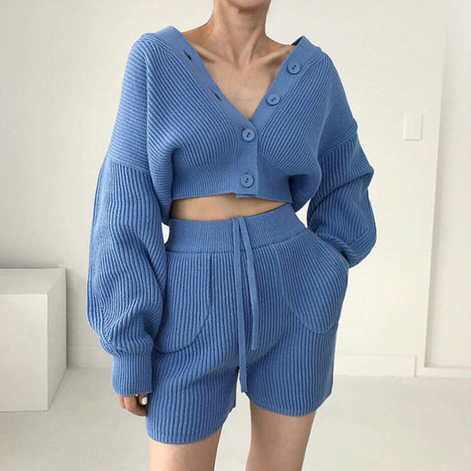 Conjunto Casual Cardigan Escote V con Short Cintura Alta - Image 3