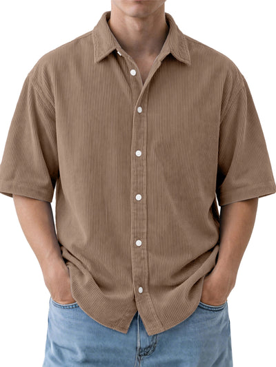 Camisa de Pana Suelta para Hombre - Manga Corta Color Sólido - Image 11
