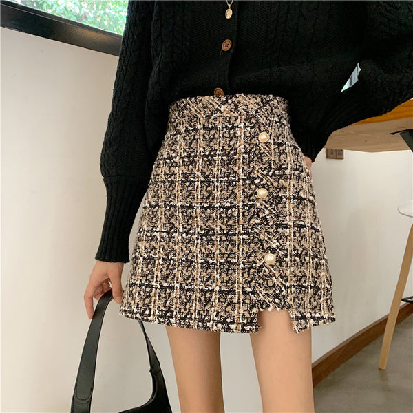 Falda A-line Cuadros Retro con Corte Irregular