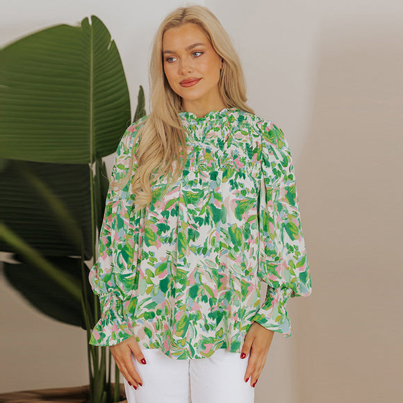 Blusa Cuello Alto de Chifón con Estampado a Juego de Colores