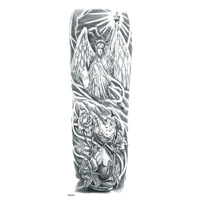 Full arm temporary tattoo sticker with a black, red, and light blue tribal design, featuring abstract shapes and patterns. - Image 27
