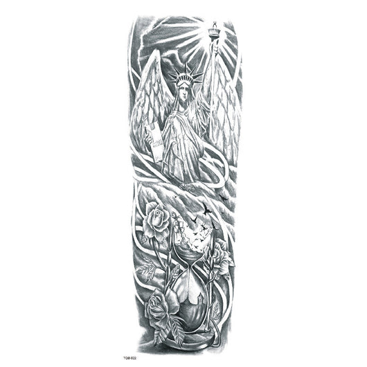 Full arm temporary tattoo sticker with a black, red, and light blue tribal design, featuring abstract shapes and patterns. - Image 27
