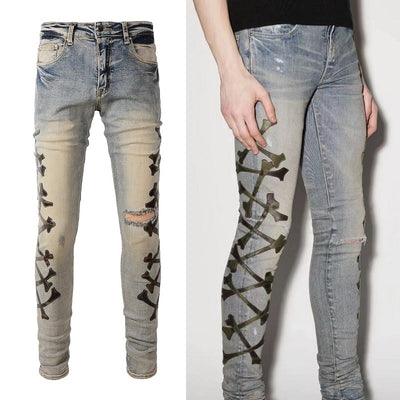 Jeans Skinny Elásticos para Hombre con Detalles Perforados y Patrón Óseo