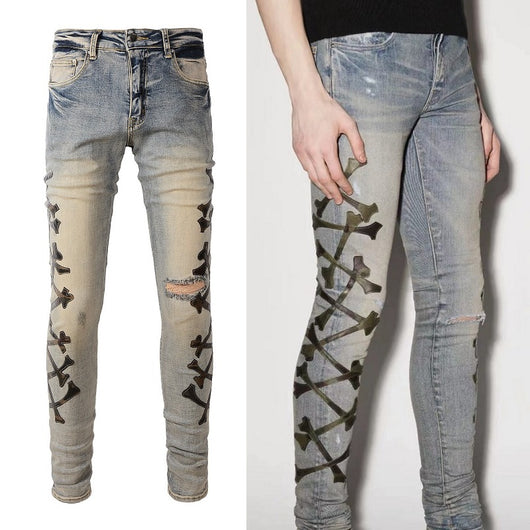 Jeans Skinny Elásticos para Hombre con Detalles Perforados y Patrón Óseo