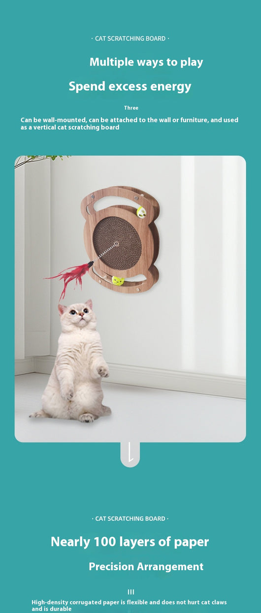 Multi-level cat scratcher with a round corrugated cardboard surface, a wooden track with a green ball, and a pink feather wand with a bell. - Image 12