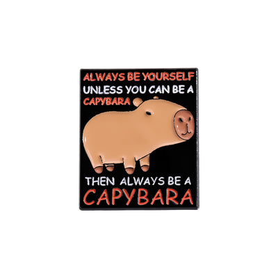 Cute capybara enamel brooch wearing a pink donut with sprinkles and "DONUT WORRY BE CAPPY" text. - Image 22