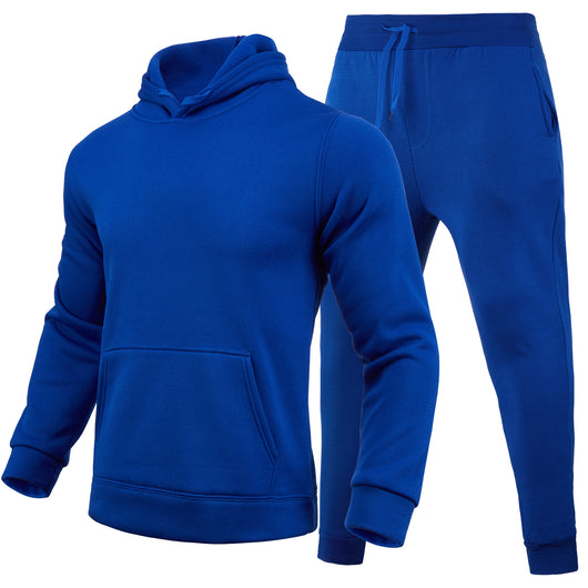 Men's navy blue slim-fit solid color hoodie and matching sweatpants set with drawstring hood and ribbed cuffs. - Image 15
