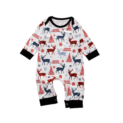 White baby romper with long sleeves, featuring a festive pattern of red and blue reindeer, Christmas trees, and snowflakes. - Image 11