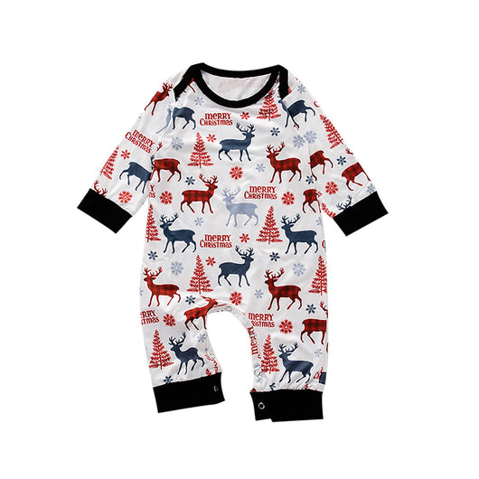 White baby romper with long sleeves, featuring a festive pattern of red and blue reindeer, Christmas trees, and snowflakes. - Image 11