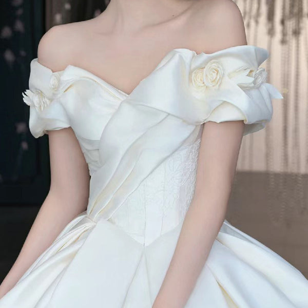 Vestido de Novia Satén Hombros Descubiertos Encaje Francés Elegancia Premium - Image 6