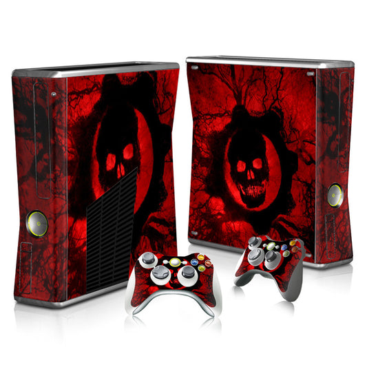 Radioactive symbol gaming console and controller skin set with a distressed yellow and brown grunge pattern.